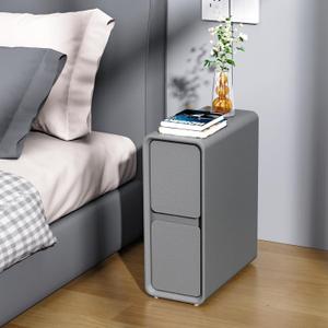 VICITON Modern Narrow Faux Leather Nightstand, Solid Wood Drawer, Storage Accent Table, Small Side End Table for Bedroom (Gray, Narrow) 