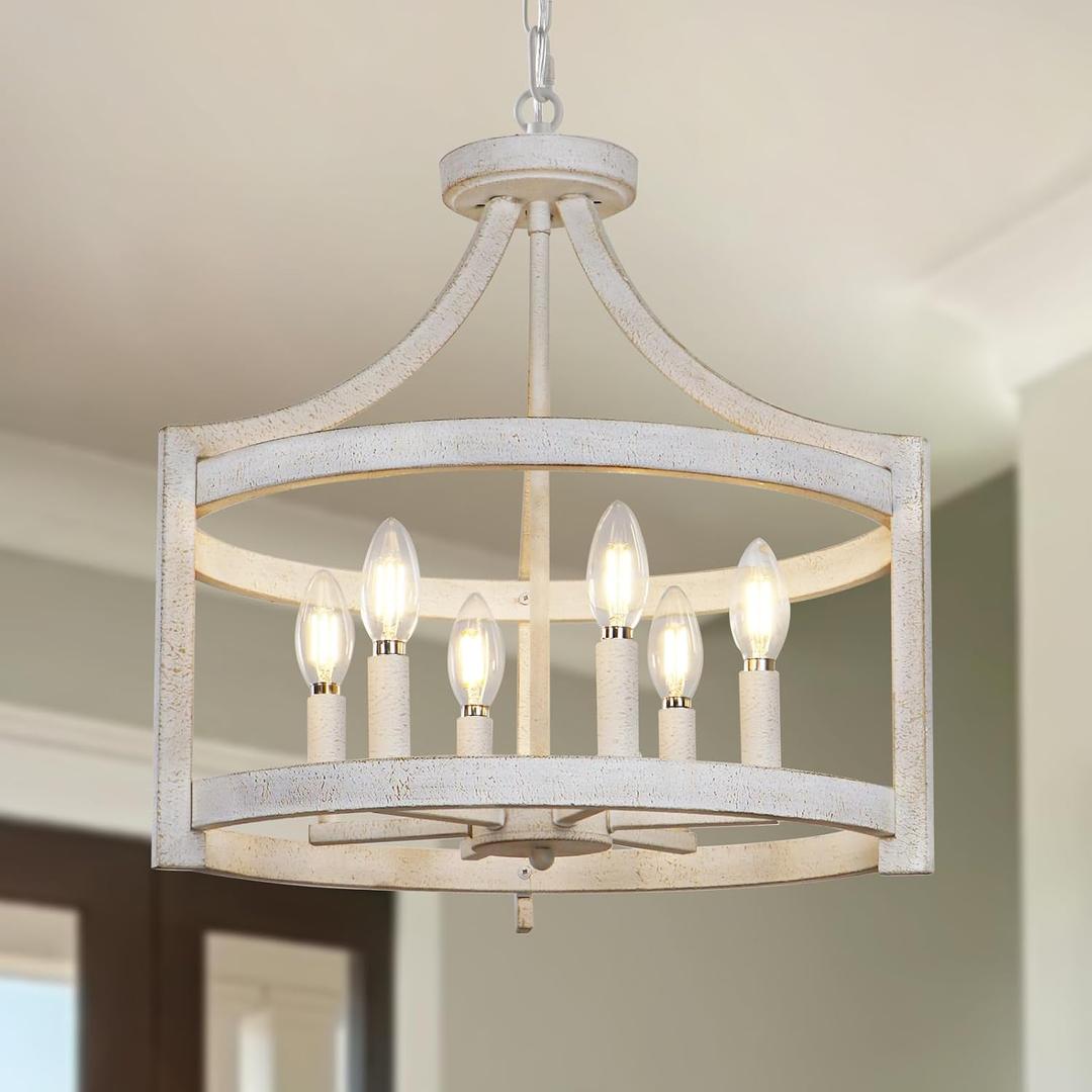 6-Light Farmhouse Chandelier, 19.3'' Vintage Chandeliers for Dining Room, Antique White Semi Flush Mount Ceiling Light, Rustic Metal Hanging Pendant Light Fixture for Entryway Foyer Hallway