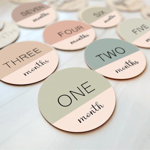 cephira Monthly Baby Milestone Wooden Circles – 6-Pack Double-Sided Printed Milestone Signs with Warm Tones & Wood Color, Ideal for Newborn Photography Props (Earth Tone)