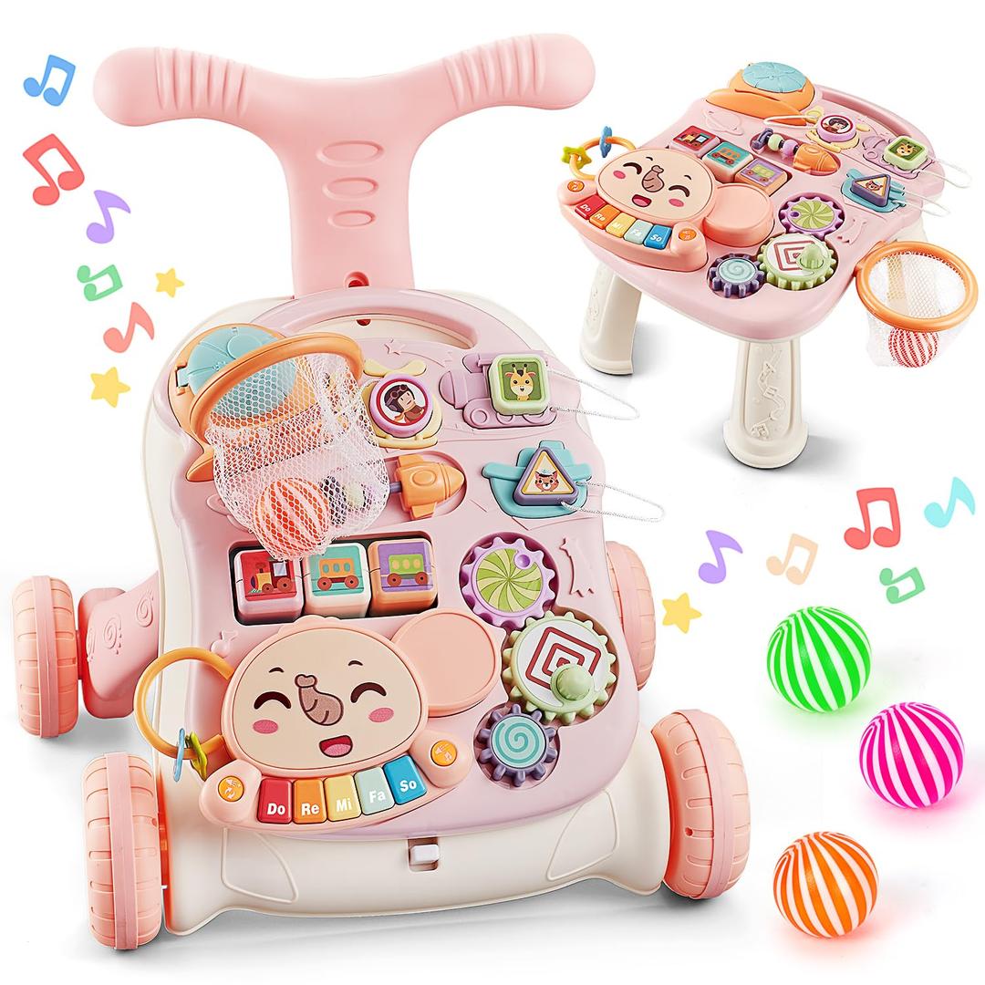 TOY Life 3 in 1 Baby Push Walker and Activity Center for Girl, Sit to Stand Walker for Babies 6-12 Months, Walking Toys with Music Panel for Infants and Toddlers Learning to Walk Pink