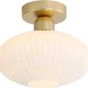 KCO Lighting Mid Century Modern Large Semi Flush Mount Ceiling Light Fixture White and Gold Living Room Flush Mount Ceiling Light Vintage Milk Glass Globe Close to Ceiling Light