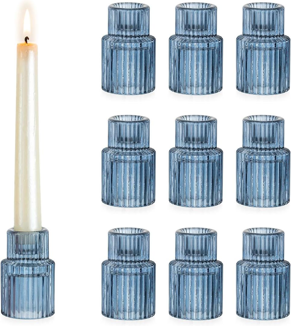 Hewory Glass Candlestick Candle Holder: 10PCS Blue Glass Taper Candle Holders for Table Centerpiece, Vintage Tapered Candlestick Holders for Christmas Centerpiece Wedding Party Holiday Home Decor