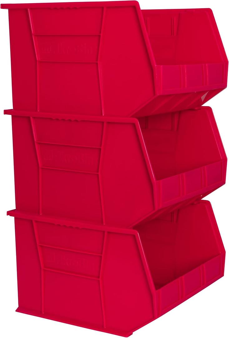 Akro-Mils 30270 AkroBins Plastic Storage Bins, Space-Saving Stackable Bins for Garage, Pantry, Craft Organization, 18" x 16" x 11", Red, 3-Pack