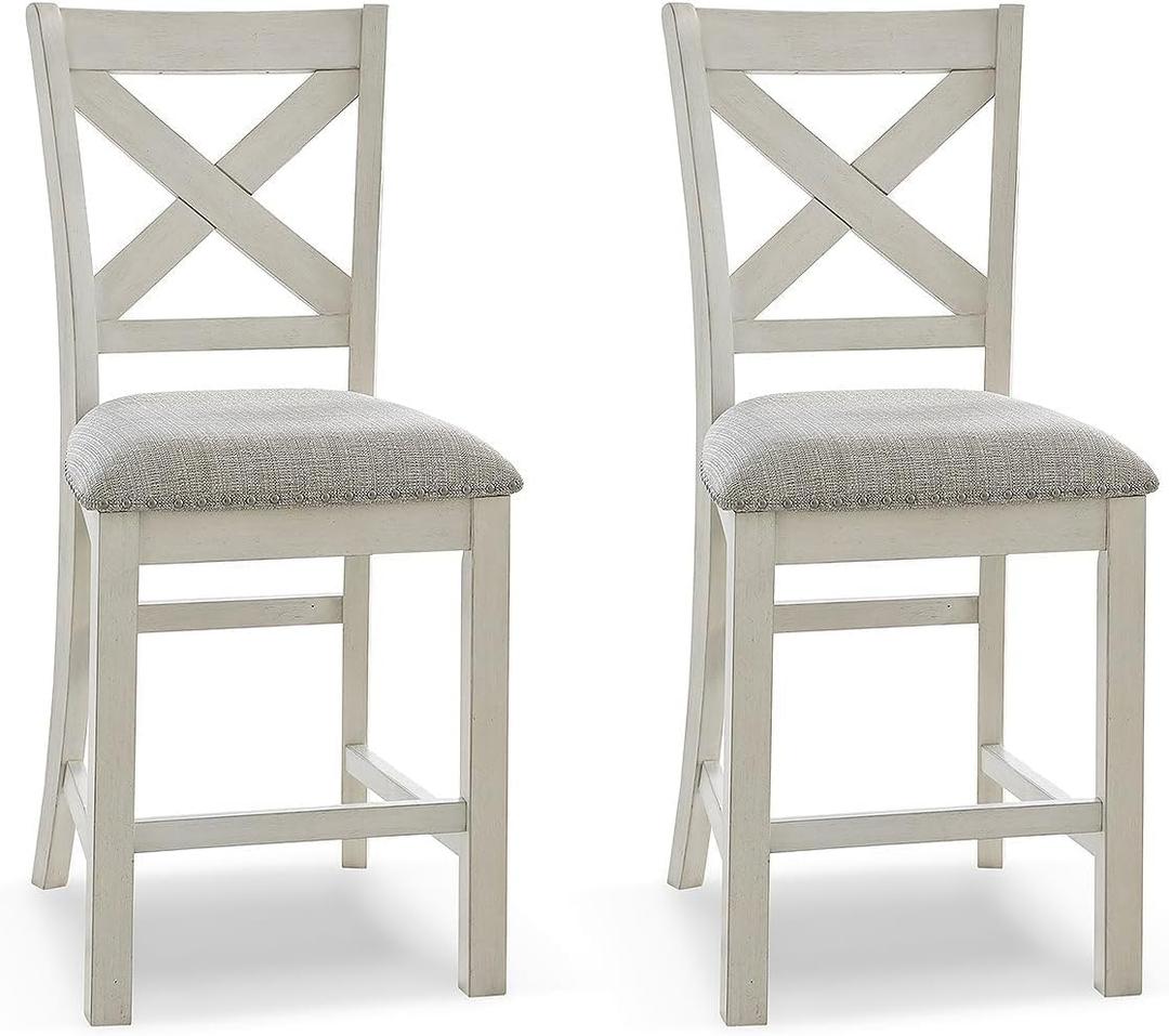 Signature Design by Ashley Robbinsdale Farmhouse Upholstered Barstool, Set of 2, X-Back, Nailhead Trim, Wood, 24.75" H, White & Light Gray
