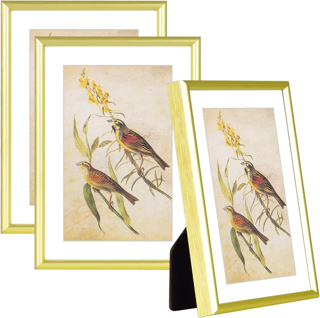 5x7-3P Picture Frame Matte Gold Brushed Thin Metal Float Photo Frame with HD Glass, Fit 4x6 with Mat or 5 x 7 without Mat, for Table and Wall, 3 Pack