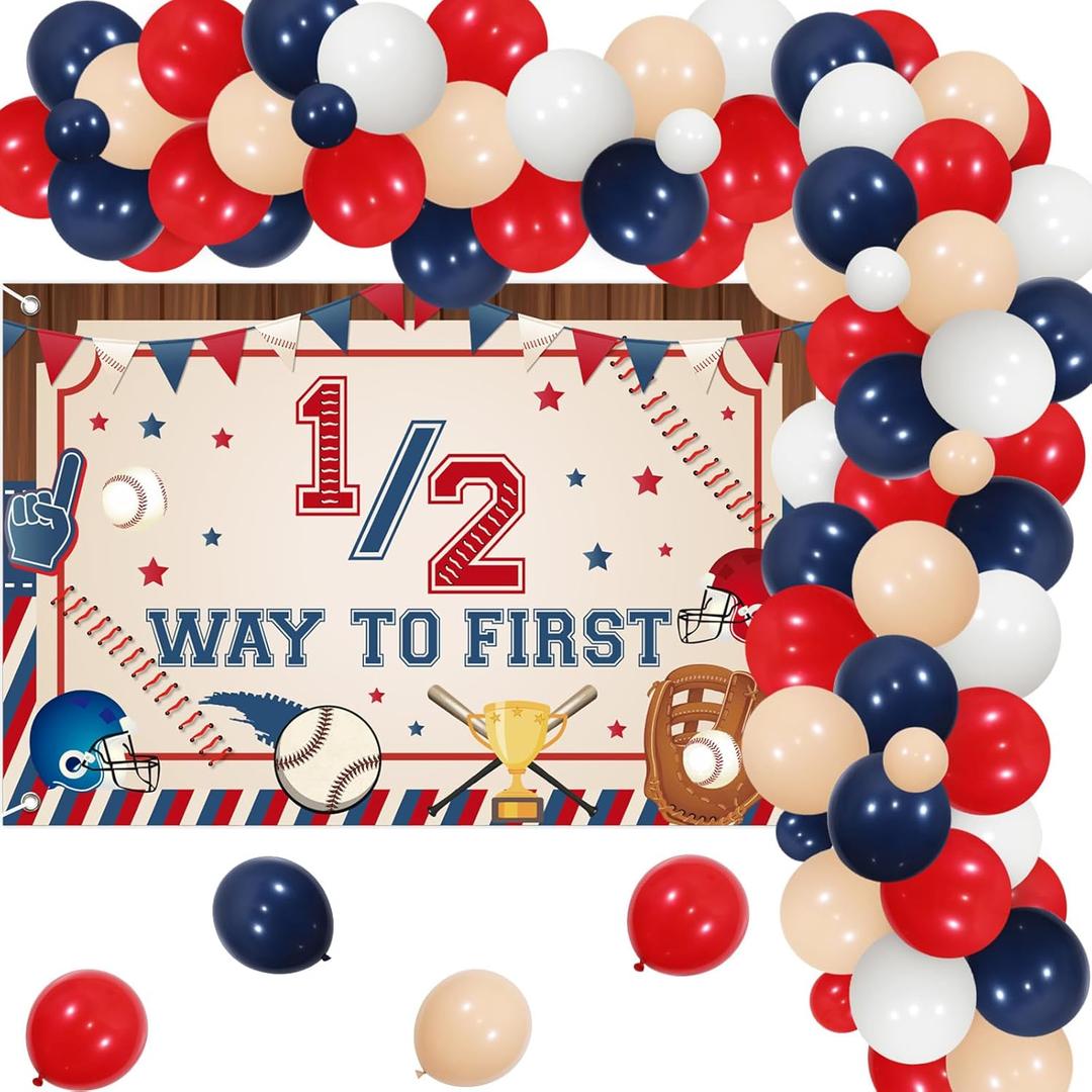 kreat4joy Baseball Half Birthday Decorations, 1/2 Way to First Baseball Backdrop Banner Red White Blue Nude Balloon Arch for Baby Boy Sports 6 Months 1/2 Half Way to One Birthday Party Decorations