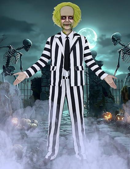 DIYLN 8 Pcs Beetle Movie Juice Costume Men Black and White Striped Suit Adult Horror Comedy Character Cosplay Outfit with Wig L (Without Pants)