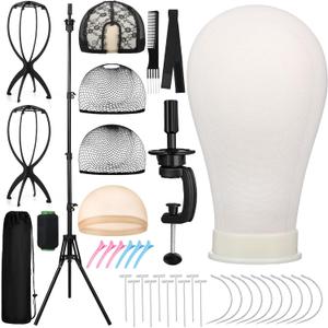 ProSuites 22 Inch Canvas Mannequin Head with 61" Adjustable Wig Stand Tripod, Wig Set of 40 PCS with Wig Holder, Caps, Elastic Bands, T/C Pins Tool Kit for Wigs Styling Making Display