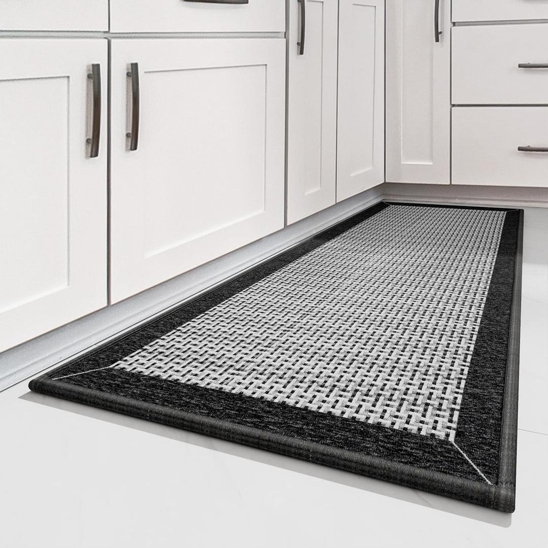 Kitchen Rugs, Non Skid Washable Kitchen Floor Rugs Absorbent Kitchen Mats with Rubber Backing, Durable Woven Floor Mats for Kitchen, Home, Farmhouse, Front of Sink (Black, 20" x 32") (1'8" x 2'8" (Rectangular))