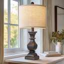 PoKat 20.5'' Bedside Table Lamp for Bedroom Nightstand - Farmhouse Lamp for Living Room, Black Night Stand Light Lamp with Round Linen Shade, Vintage Bedroom Lamp, Suitable for Small Place