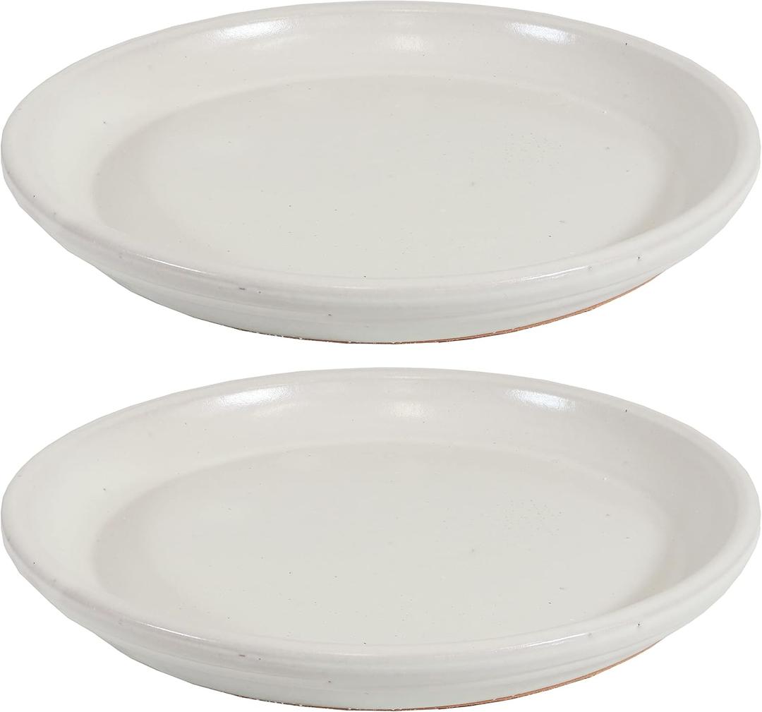 Sunnydaze 12-Inch Ceramic Plant Saucers - Plant Drip Trays for Outdoor Planter Flower Pot Drainage - Set of 2 - Pearl