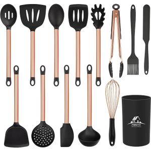 Silicone Cooking Utensil Set,14 Pcs Kitchen Utensils Set With Holder Non-Stick Heat Resistant Cookware Cooking Turner Tongs Spatula Spoon With Stainless Steel Handle (Gold Black) BPA Free, Non Toxi