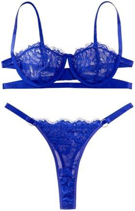 Lilosy Sexy Eyelash Underwire Floral Lace Sheer O Ring Linked Cutout Lingerie Set M
