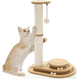 Made4Pets Cat Scratching Post Cat Scratcher Kitten Toys for Indoor Cats Wooden Ball Track Two-Layer Modern Sisal 23.4" Tall Scratch Post Interactive Toy with Dangling Ball Middle Size