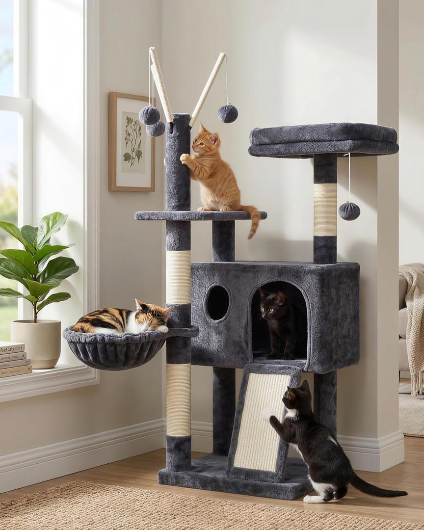 Hey-brother Cat Tree Tower, Scratching Posts with Removable Toys, Cozy Condo, Platform, Hammock, Sisal Scratch Board and Ball for Indoor Kittens, 41.3 Inches, Smoky Gray MPJ008SG
