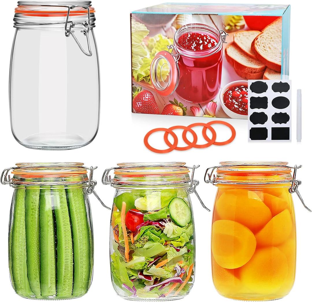 Encheng 32 oz Wide Mouth Mason Jars with Airtight Hinged Lids, Large Glass Jar with Lid for Pickling, Fermentation, Canning, Food Storage Set of 4 Glass Storage Containers, 32oz-1000ml-4pack