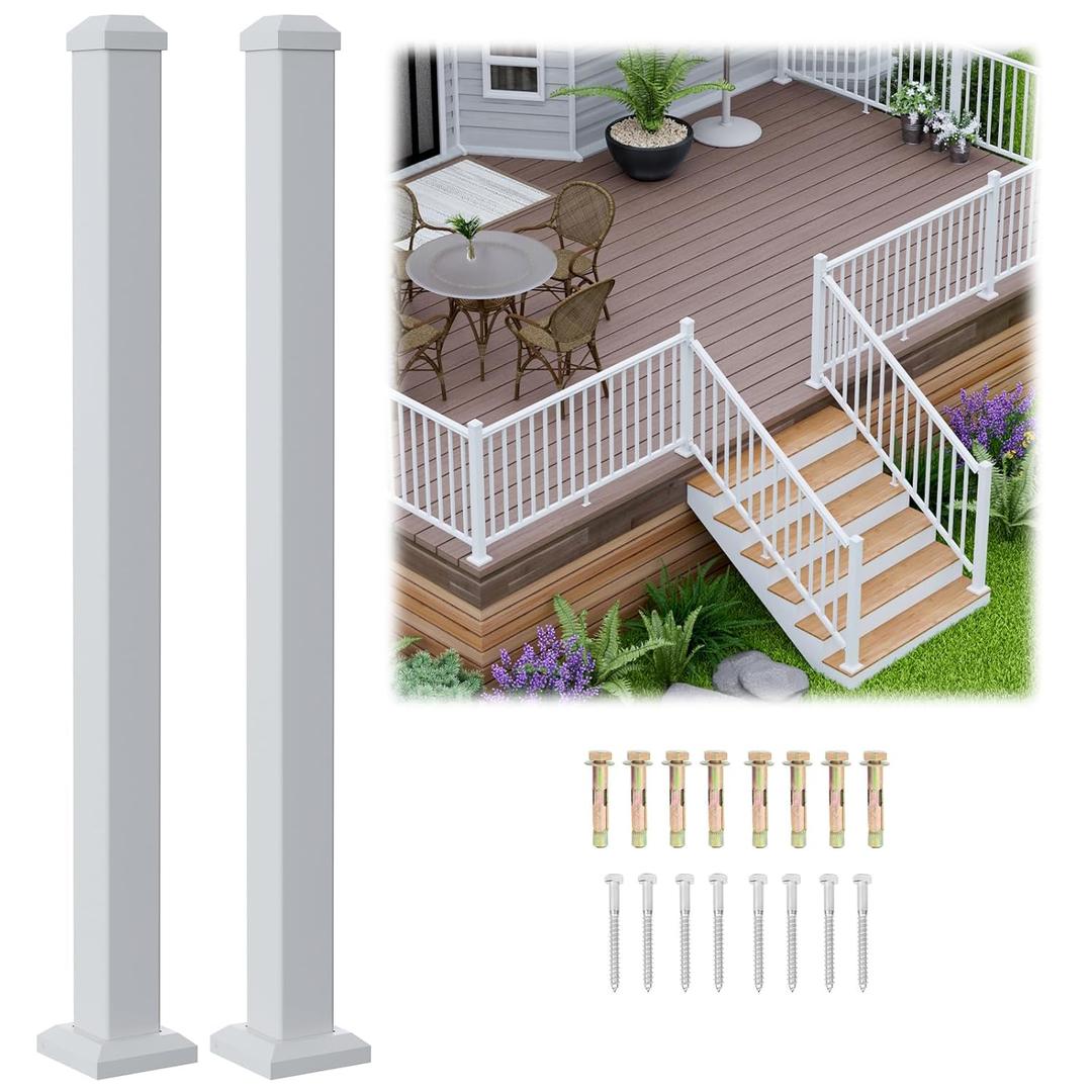2 Pack 2.56 in. x 2.56 in. x 39 in. Deck Railing Post with Screws, Aluminum Railing Post, White Outdoor Textured Powder-Coat Finish Stair Post for Decks, Porches & Balconies (2 Post)