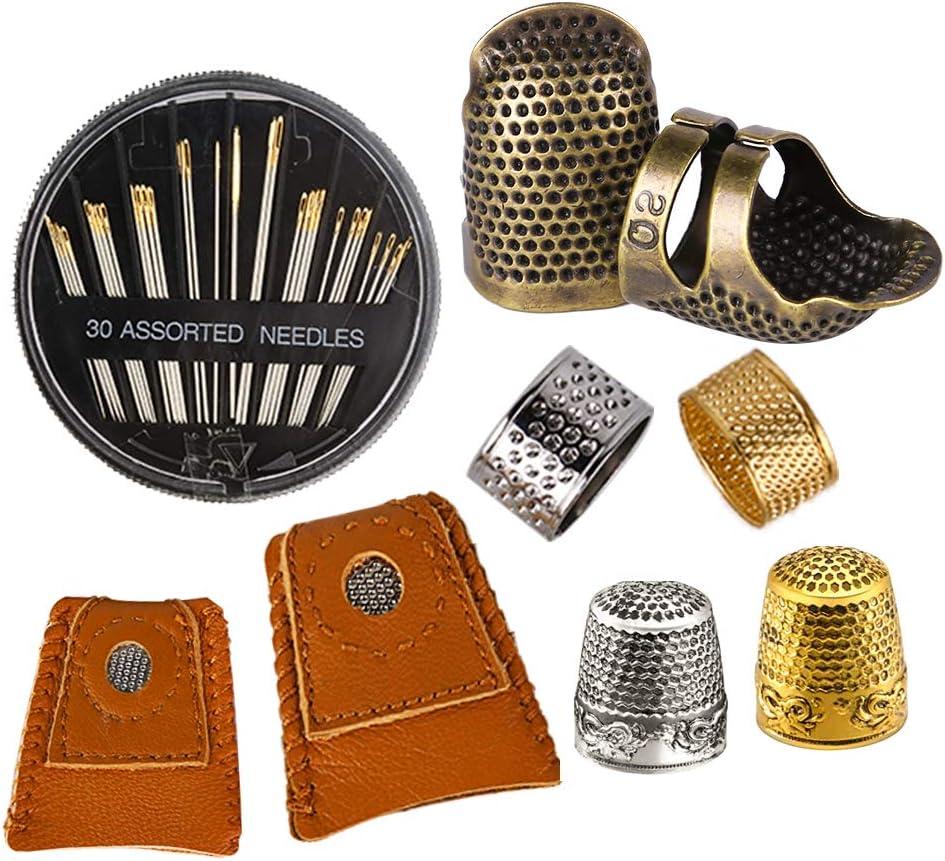 8 Pcs Thimble + 30 Pcs Sewing Needles, Finger Protector Fingertip Adjustable Metal Bronze Rings and Leather Coin Thimble for Needlework, Hand Embroidery Craft (Upgraded Set)