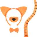 4 PCS Cat Costume Accessory Set-Orange Cat Ears Headband, Nose, Bowtie and Striped Tail for Halloween Christmas Festival Theme Party Cosplay