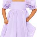 WDIRARA Toddler Girl's Mesh Tulle Dress Square Neck Puff Short Sleeve Ruffle Hem Birthday Party Cute A Line Midi Dress Purple 5Y