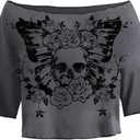 SOLY HUX Womens Y2K Grunge Shirts Short Sleeve Off Shoulder Crop Graphic Tees Goth Skull Tops (Large)