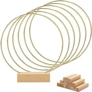 Worown 6 Pack 8 Inch Floral Hoop Centerpiece for Wedding, Gold Metal Rings with Wooden Stand - Table Decor, Wreath Decor for Wedding, Party, Wall Hanging (20cm Hoop, 3.15in Base)