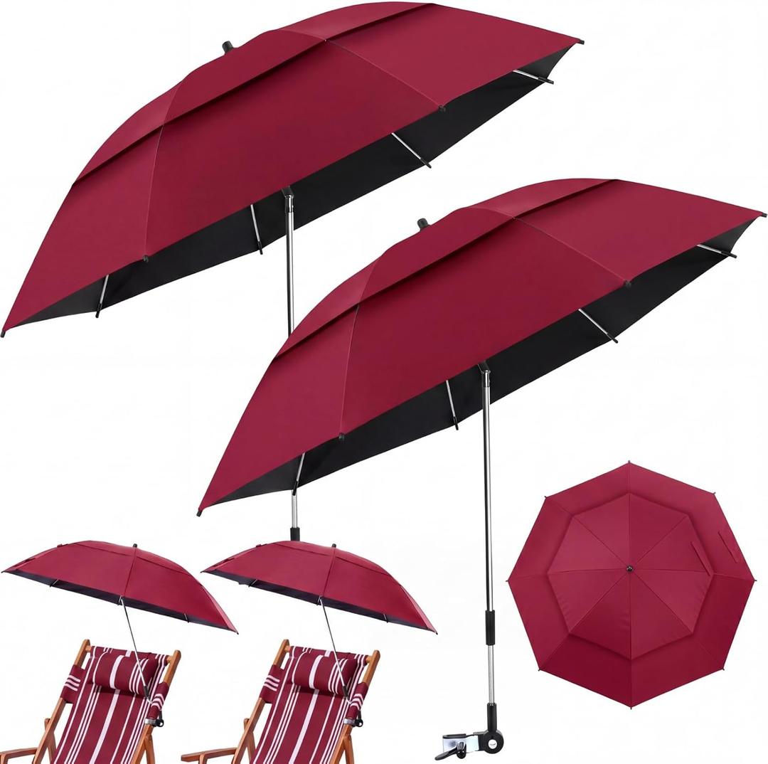 Nuanchu 2 Pcs 49" Double Canopy Beach Umbrellas with Clamp Upf50+ Beach Chair Umbrella with Clip 360 Adjustable Portable Outdoor Wheelchair Patio Golf Carts Camping Stroller Fishing