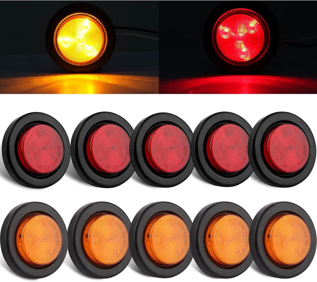 10Pcs 2 Inch Round LED Side Marker Clearance Lights for Trailers, 5 Amber and 5 Red Sealed 2 Round LED Trailer Marker Lights 4 LEDs w/Rubber Grommet Flush Mount 2 Wire Pigtails Truck RV Waterproof