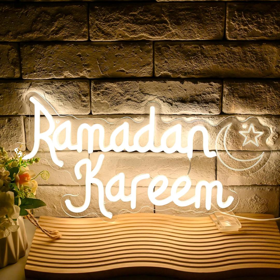 Ramadan Kareem Neon Sign for Wall Decor, Mubarak Light Up Sign, Moon Star Neon Light Decor for Home Party Eid Kareem Wall Decoration