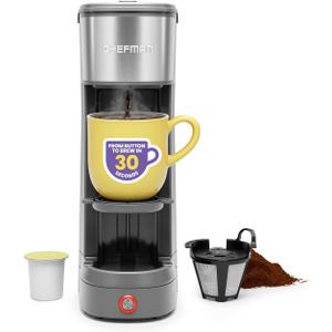 Chefman InstaCoffee Max, The Easiest Way to Brew the Boldest Single-Serve Coffee, Use Fresh And Flavorful Grounds or K-Cups With A Convenient Built-In Lift, Grey