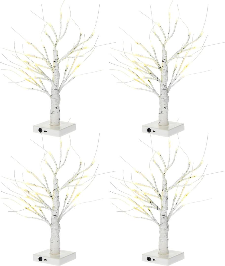 Macarrie 4 Pcs Birch Tree with LED Lights Christmas Wedding Decorations Tabletop Lighted White Mini Artificial Branches Battery Powered or USB Twinkling Table Centerpiece Indoor Gift (24 Inch)