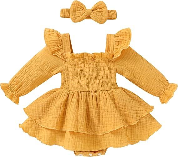 YOUNGER TREE Baby Girl Fall Clothes Infant Long Sleeve Ruffle Romper Dress with Headband Cute Toddler Winter Outfits   3-6 M
