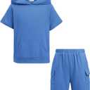 Arshiner Boys 2 Piece Summer Outfits Letter Graphic Colorblock Short Sleeve Hoodie and Short Sets with Pockets  (10-11 Years, Blue)
