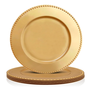 6 Pack Bead Charger Plates, 13 Inch Gold Charger Plates, Plastic Decoration Charger for Dinner Plate, Wedding Catering Event Decoration, Tabletop Decor