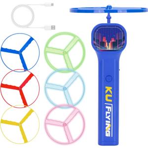 Rechargeable Disc Launcher with 6 Flying Spinners for Outdoor Activities Game White Elephant Gift Fidget Toys (Blue)