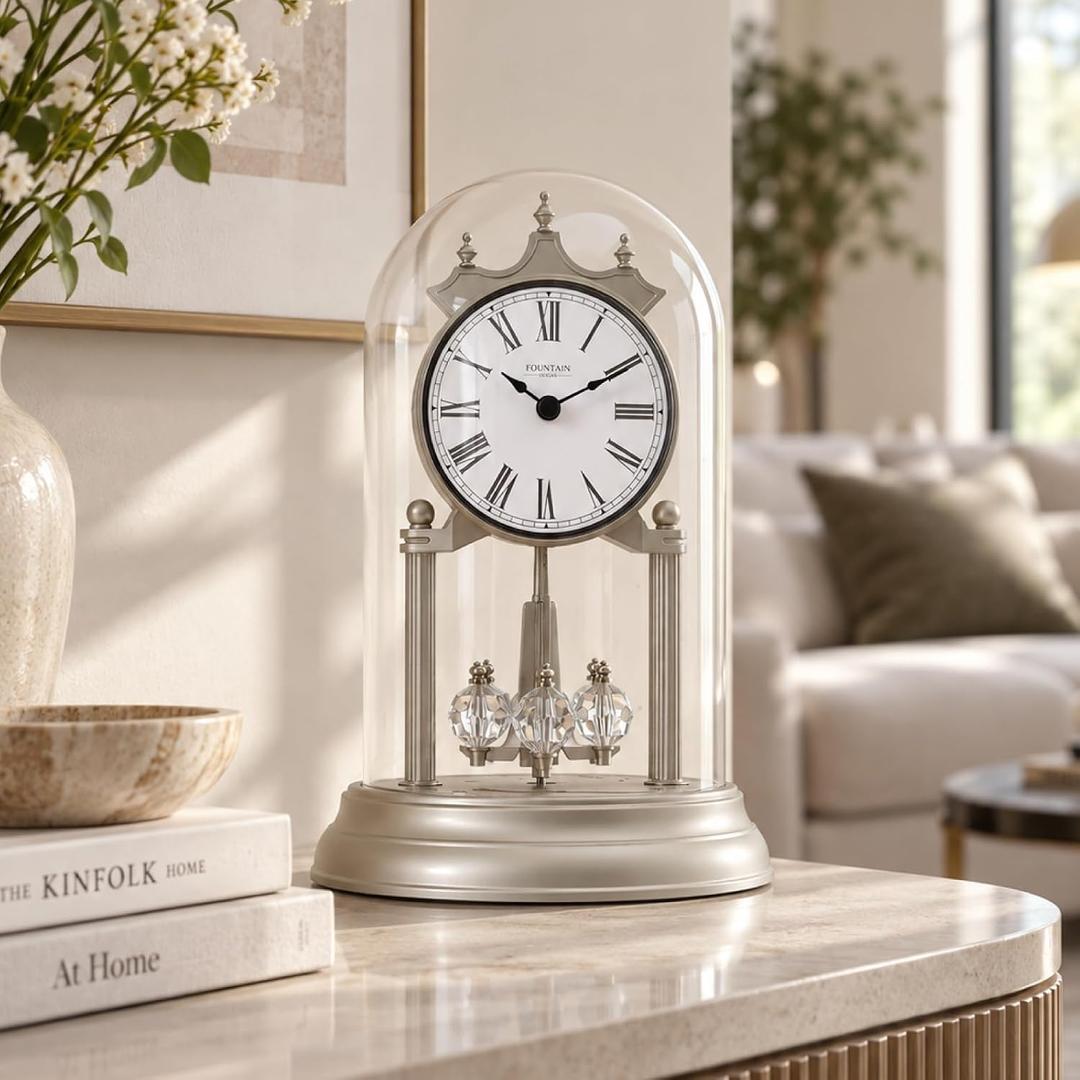 9" Genevieve Mantel Clock with Revolving Pendulum, Silver, Small