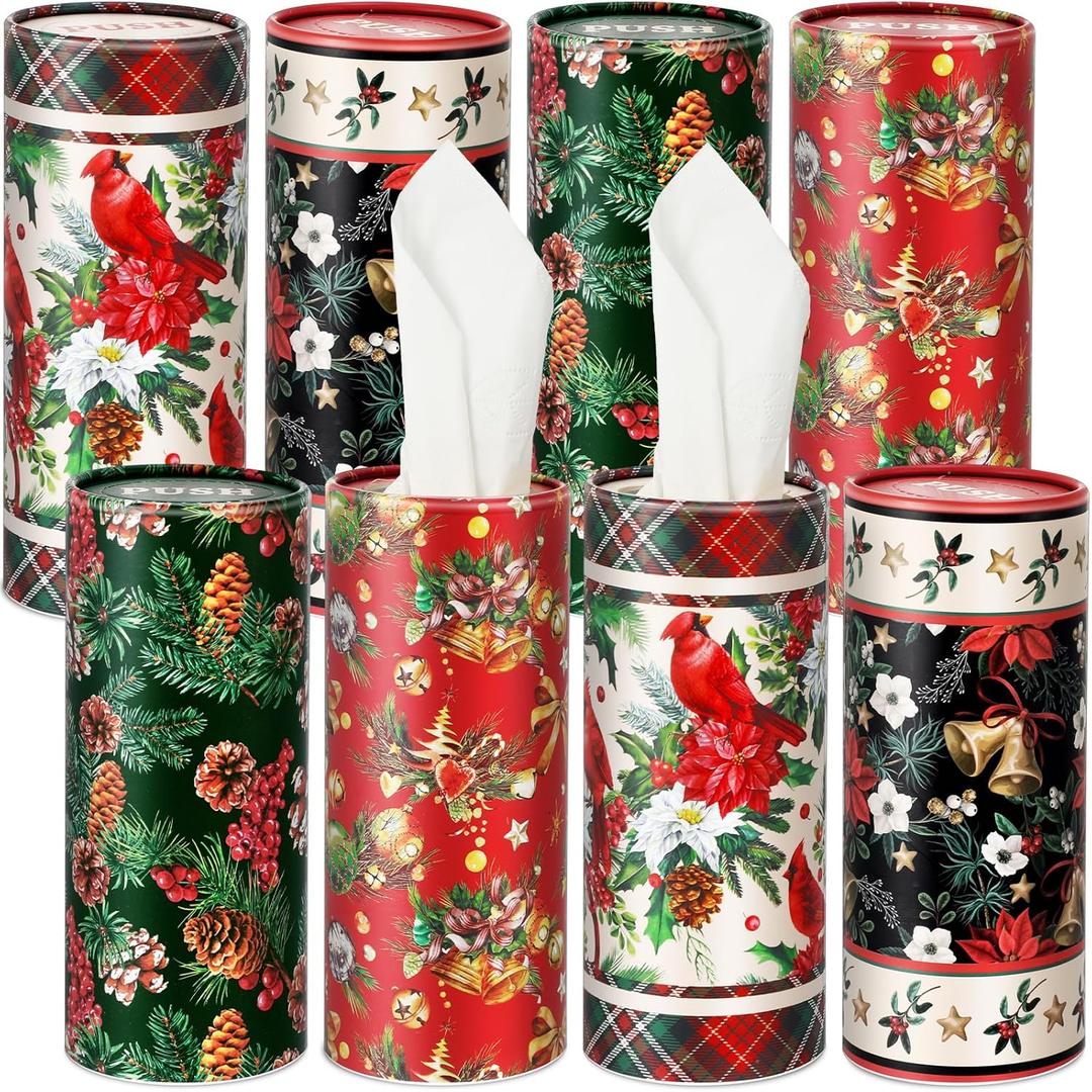 Pasimy 8 Pack Christmas Car Tissues Cylinder Holiday Round Tissue Boxes for Car in Cylinder Holder Cardinal Buffalo Plaid 3 Ply Facial Paper Box Cup Holder Christmas Travel Home Office Bathroom