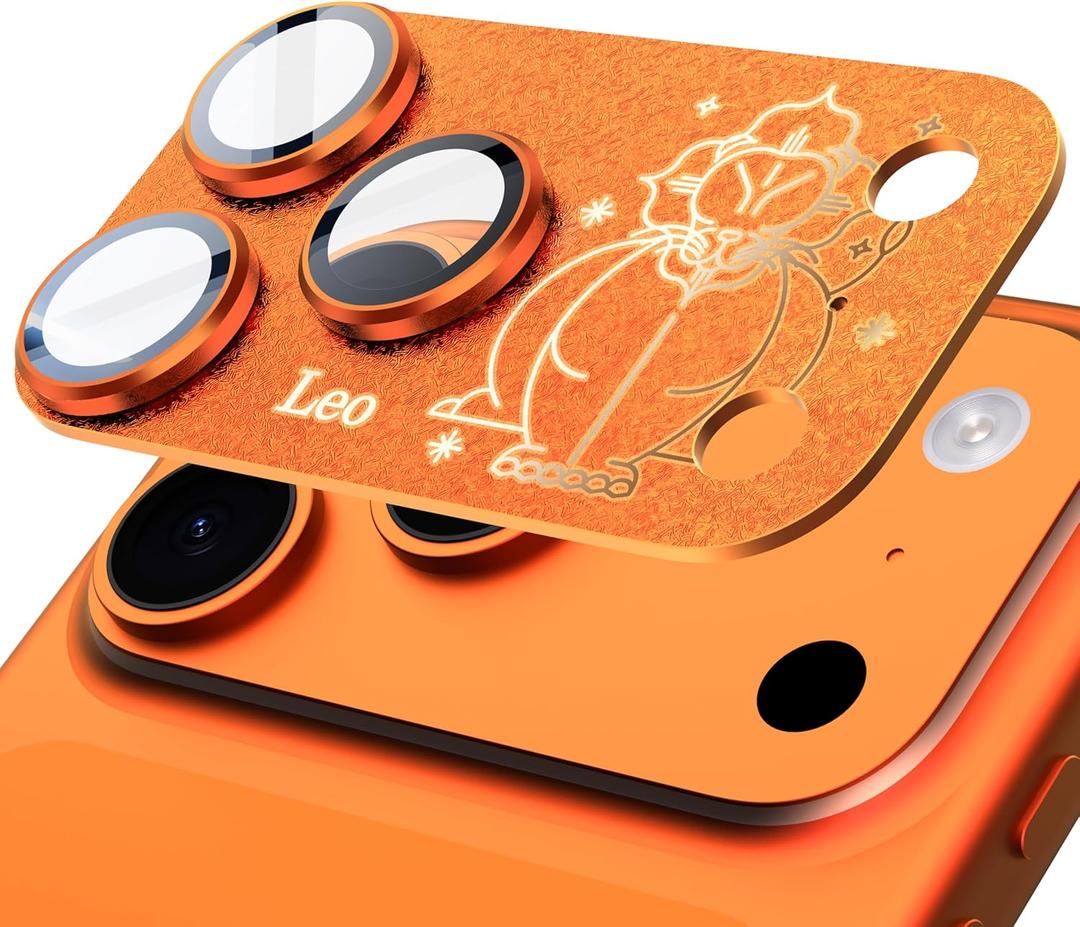 Compatible for iPhone 17 Pro Camera Lens Protector, Leo Pattern, Drop Protection, Anti Scratch Full-Coverage, AR 360-Degree Protection, Camera Transmfttance HD, Easy Installation, Orange