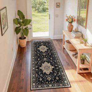 RELEANY Area Rugs 2'x6' Runner Rug Non-Slip Washable for Kitchen Hallway Bedroom Beside Laundry Room Bathroom Rug, Floor Carpet, Black Brown Neutral Dark Tan