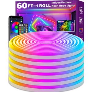 SINLEY Led Neon Rope Lights 60FT,Control with App/Remote,Flexible Led Rope Lights,Multiple Modes,IP68 Outdoor RGB Neon Lights Waterproof,Music Sync Gaming Led Strip Lights for Bedroom Indoor