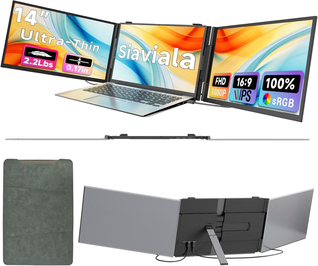 Laptop Screen Extender 0.17" Ultra-Thin, 14" 1080P FHD IPS Portable Monitor, Triple Screen Laptop Monitor Extender for 13"-17" Laptops, Plug & Play for Mac/Android/Chrome