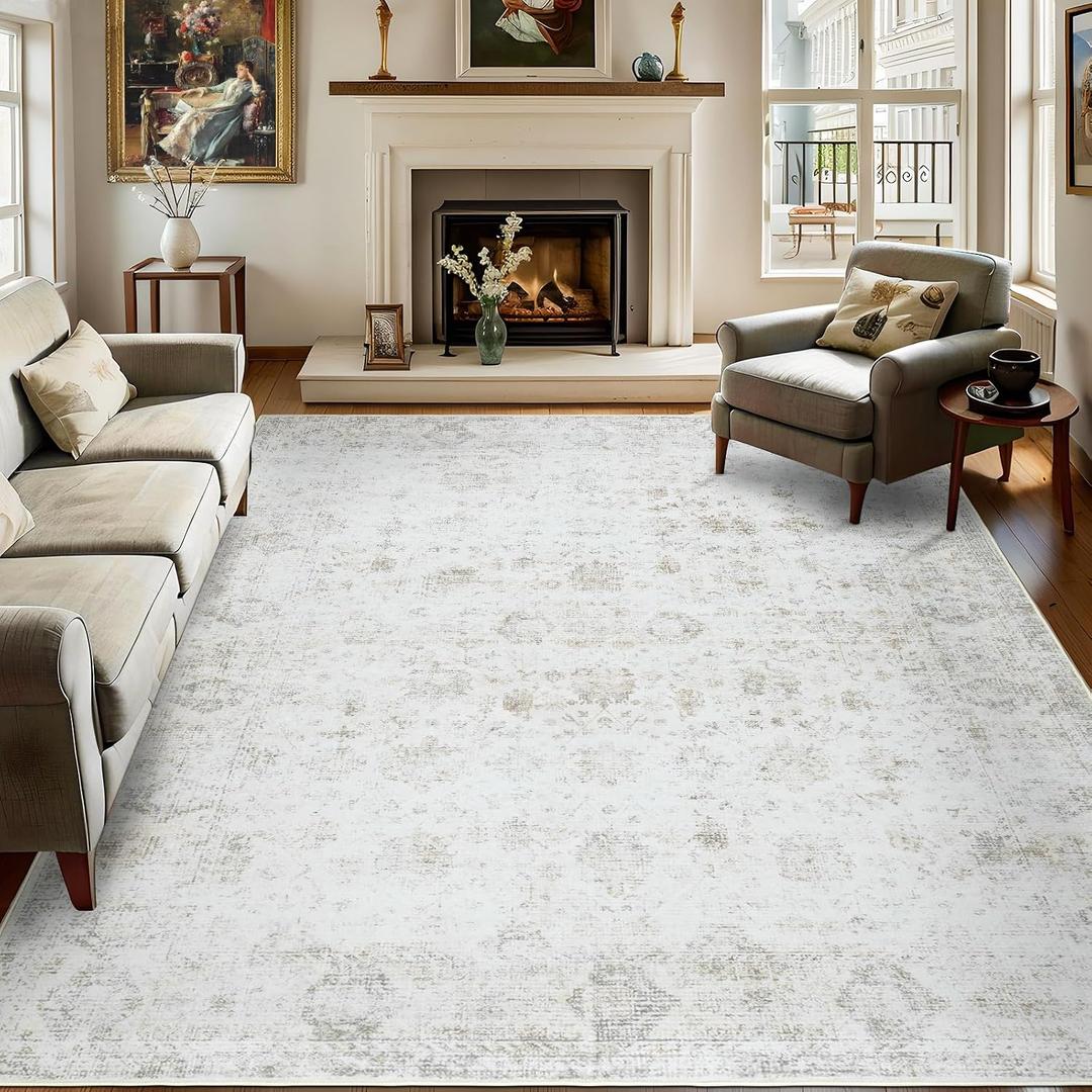 Washable 810 Area Rugs for Living Room, Vintage Floral Rug Soft Non Slip Stain Resistant Boho Carpet for Bedroom Dinning Room Kitchen Home Office 02 Beige