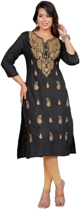 JG JAI GOVINDAM Indian Hand Embroidered Kurti for Women Chikankari Straight Cotton Long Kurti's Tunic Kurta Dreses for Women (US, Alpha, Small, Regular, Regular, Black Gold)