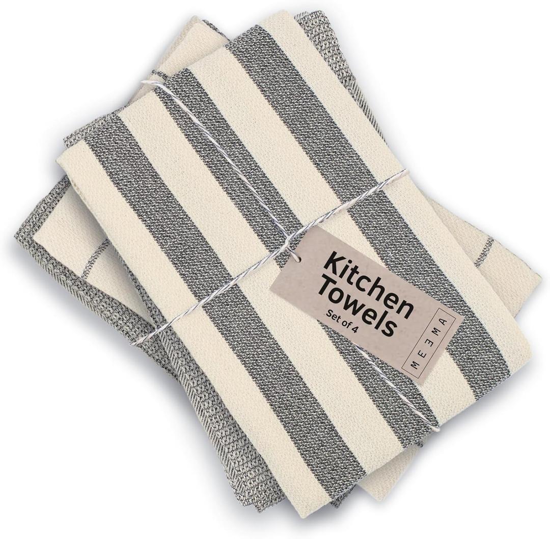 MEEMA Upcycled Spring Kitchen Towels Cotton Fabric | Super Absorbent Hand Towels with Hanging Loop | Cleaning Rags and Dish Towels for Kitchen | Charcoal Stripes | Large 18 x 28 Inch | 4-Pack (Minimal & Waffle - Charcoal)