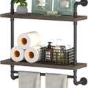 Helsin 2 Tier Wood Floating Shelves Towel Rack, Industrial Pipe Bathroom Shelves Wall Mounted with Towel bar, Wall Display Storage Shelf for Home & Bathroom Decor (Gray, 24inch) (Grey)