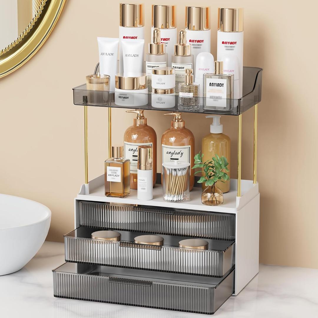 Bathroom Organizers and Storage, Makeup Organizer (Sturdy Durable Attractive), Ideal for Vanity, Countertop, Counter, Perfume, Skincare, Cabinet, Cosmetic, Dresser Organizer (Black) (3 Drawers)