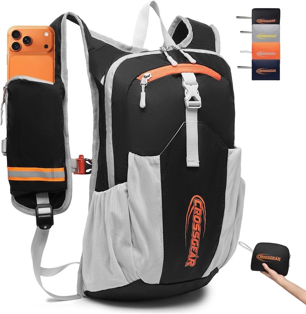 16L Small Hiking Backpack, CROSSGEAR Lightweight Waterproof Foldable Backpack, Travel Camping Outdoor Daypack for Women Men, Black