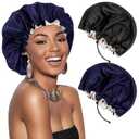 Adjustable Bonnet, Silk Bonnet for Curly Hair, 13 inches Sleeping Bonnets for Women, Satin Hair Bonnet for Sleeping, Double Layer Shower Sleep Caps for Women Natural Curly Hair (Black, Navy Blue)