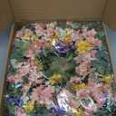 Faux Silk Cherry Blossom Flower Spring Summer Easter Wreath 24-26" for Front Door – Pink Purple Yellow Plum Blossom Green Eucalyptus Leaves – Farmhouse Front Porch Decor, Outdoor Indoor Use