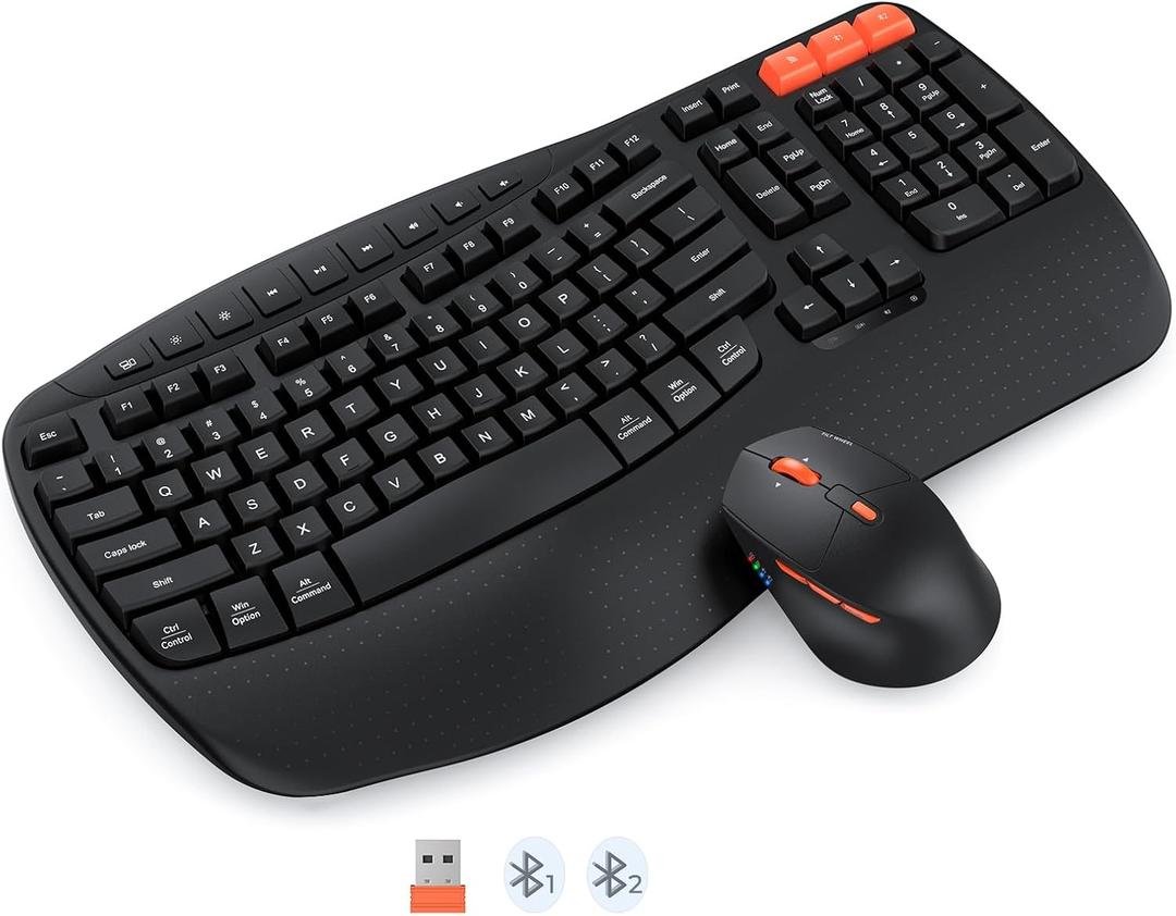 MEETION Wave Ergonomic Keyboard and Mouse Wireless, USB/Bluetooth Wave Ergo Keyboard with Wrist Rest, 4 DPI Adjustable Swing Wheel Silent Wireless Mouse Rechargeable for Windows/Mac/Android Black